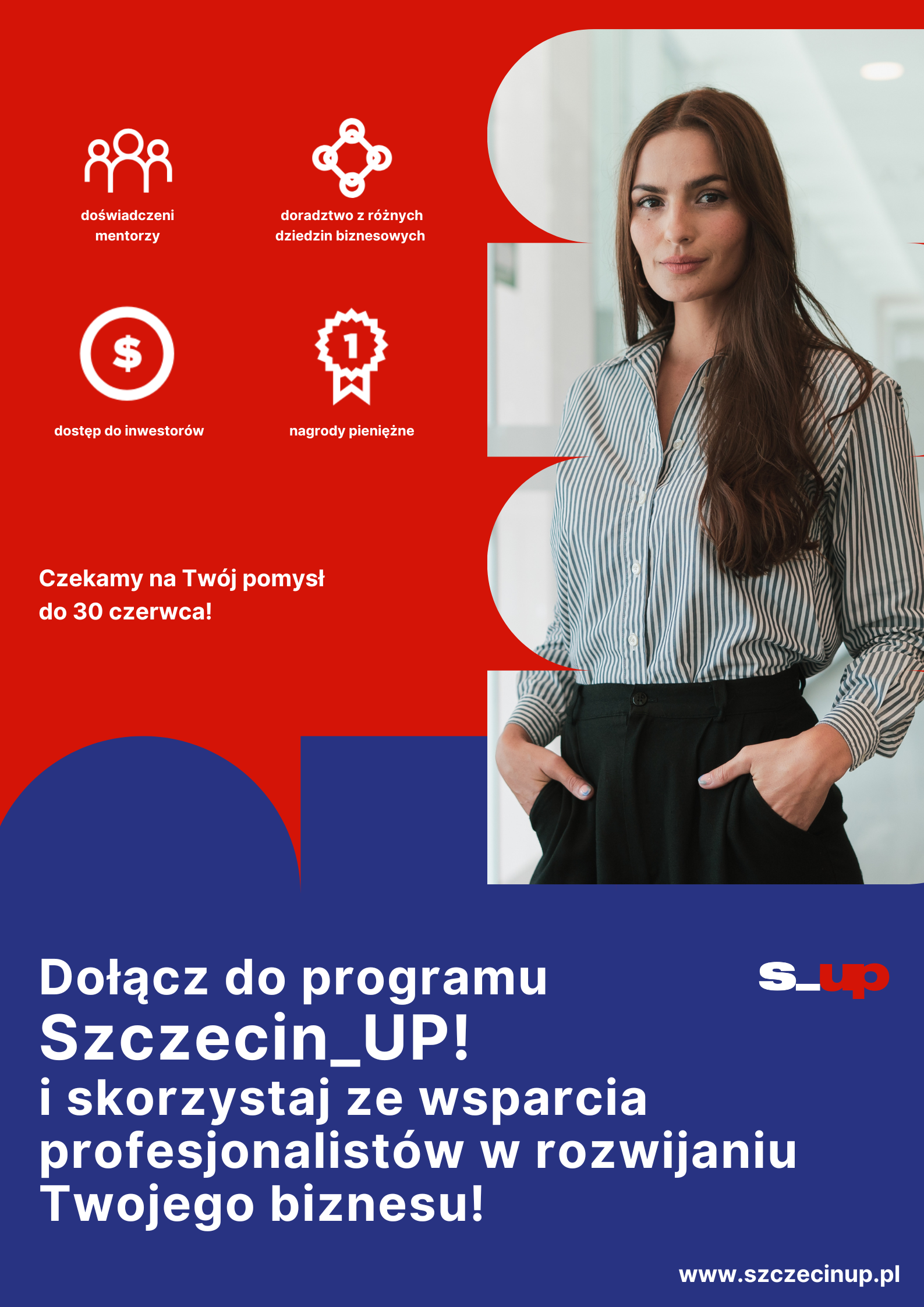 zapisy do programu plakat promujący akcję. w kolorach szczecina - granatowo bordowych, po prawej stoi młoda kobieta.